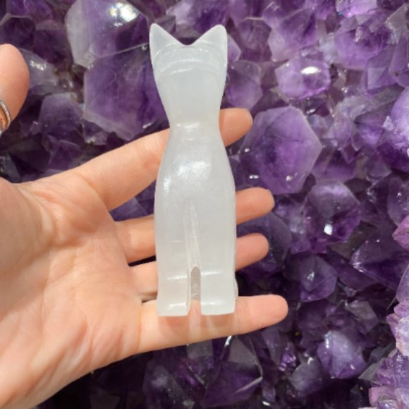 White Onyx 4" Cat Carving, Kid Room Decor, Hand Carved Cat Figurine Collectables - Picture 2 of 6
